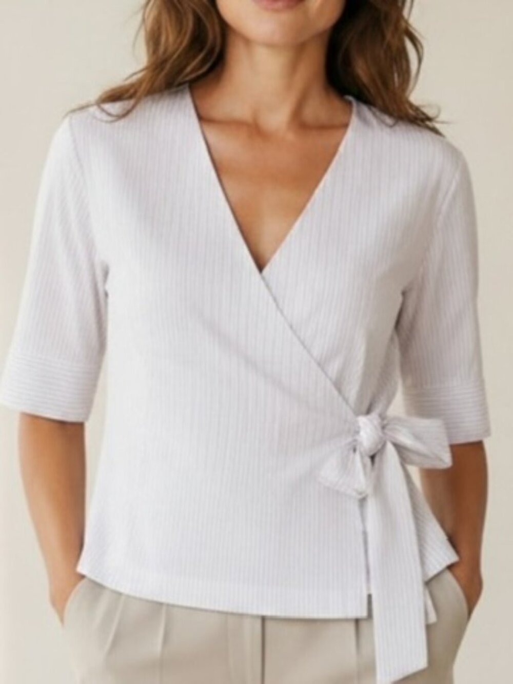 Vanity Pink White Pinstripe Wrap Top Silver Lurex Metallic Short Sleeve Large